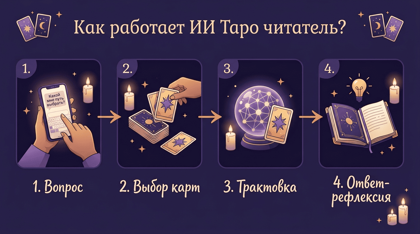 Четыре шага работы нейросети-таролога: вопрос, выбор карт, трактовка, ответ-рефлексия