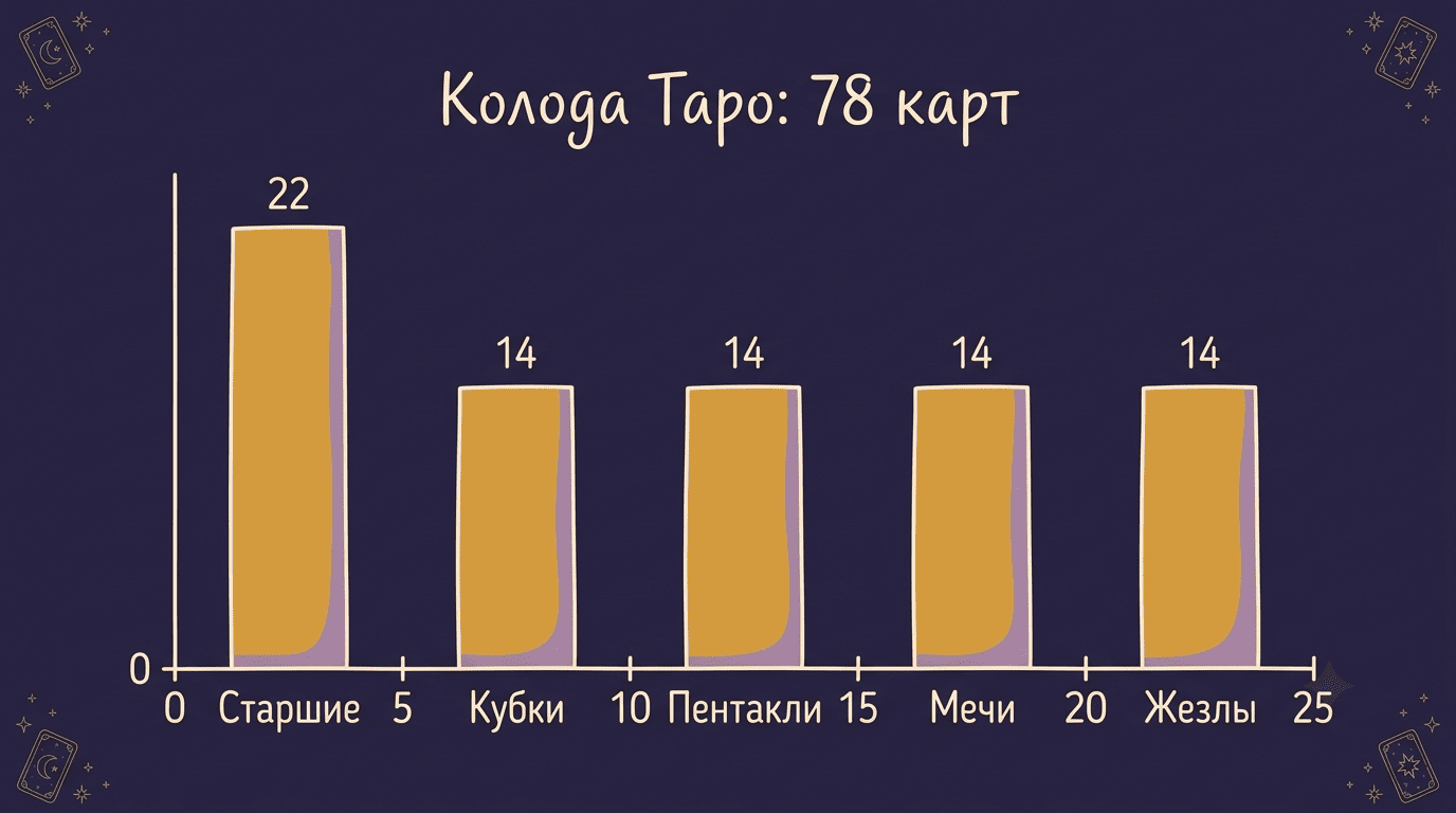 Состав колоды Таро: 22 Старших Аркана и по 14 карт в четырёх мастях Младших