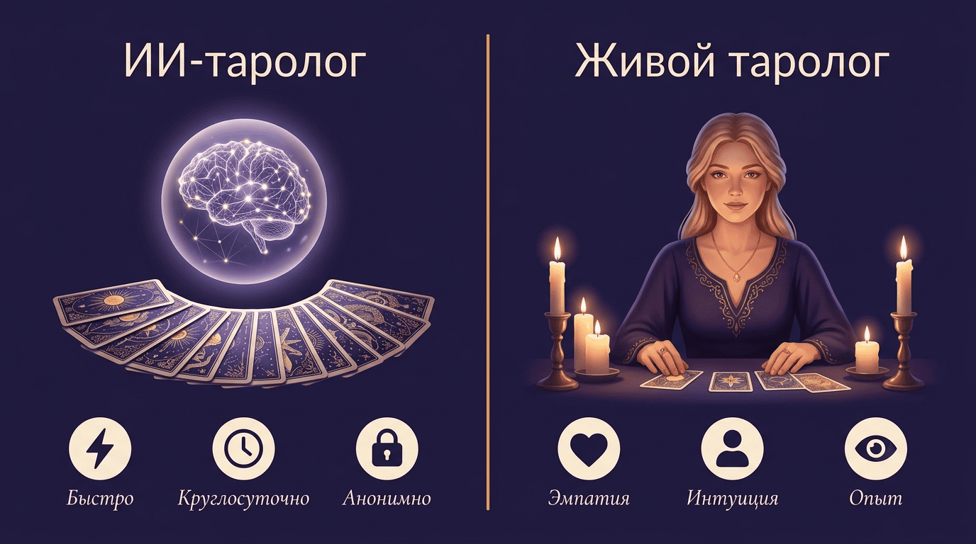 Сравнение ИИ-таролога и живого таролога: скорость и анонимность против эмпатии и интуиции