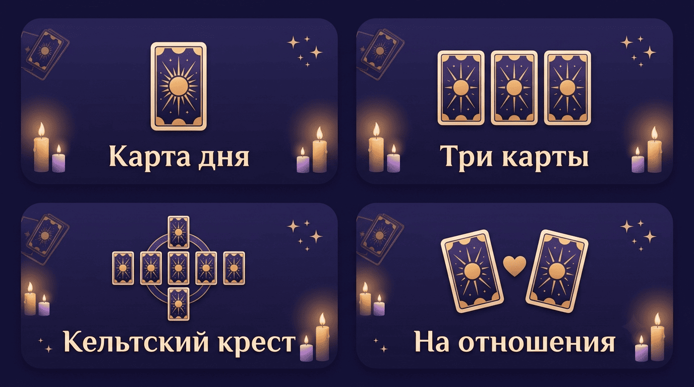 Виды раскладов Таро: карта дня, три карты, Кельтский крест, расклад на отношения