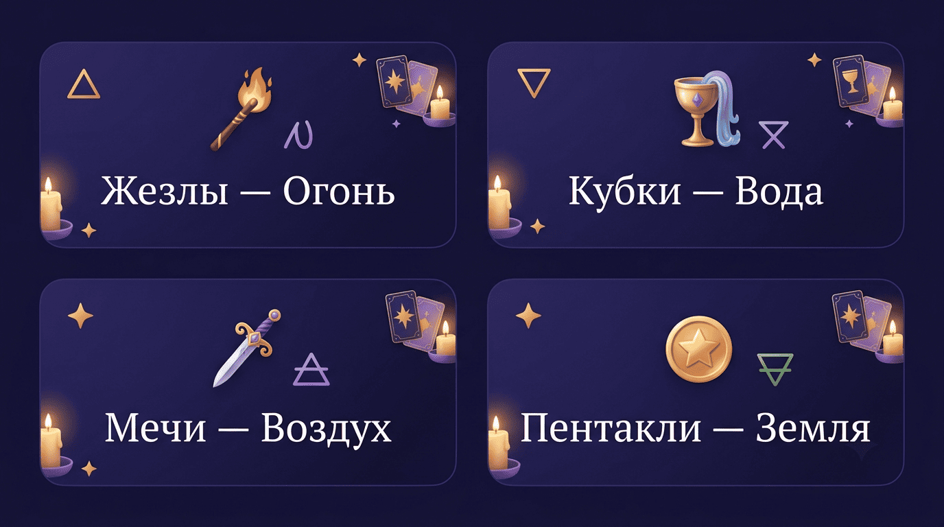 Четыре масти Младших Арканов и их стихии: Жезлы-Огонь, Кубки-Вода, Мечи-Воздух, Пентакли-Земля