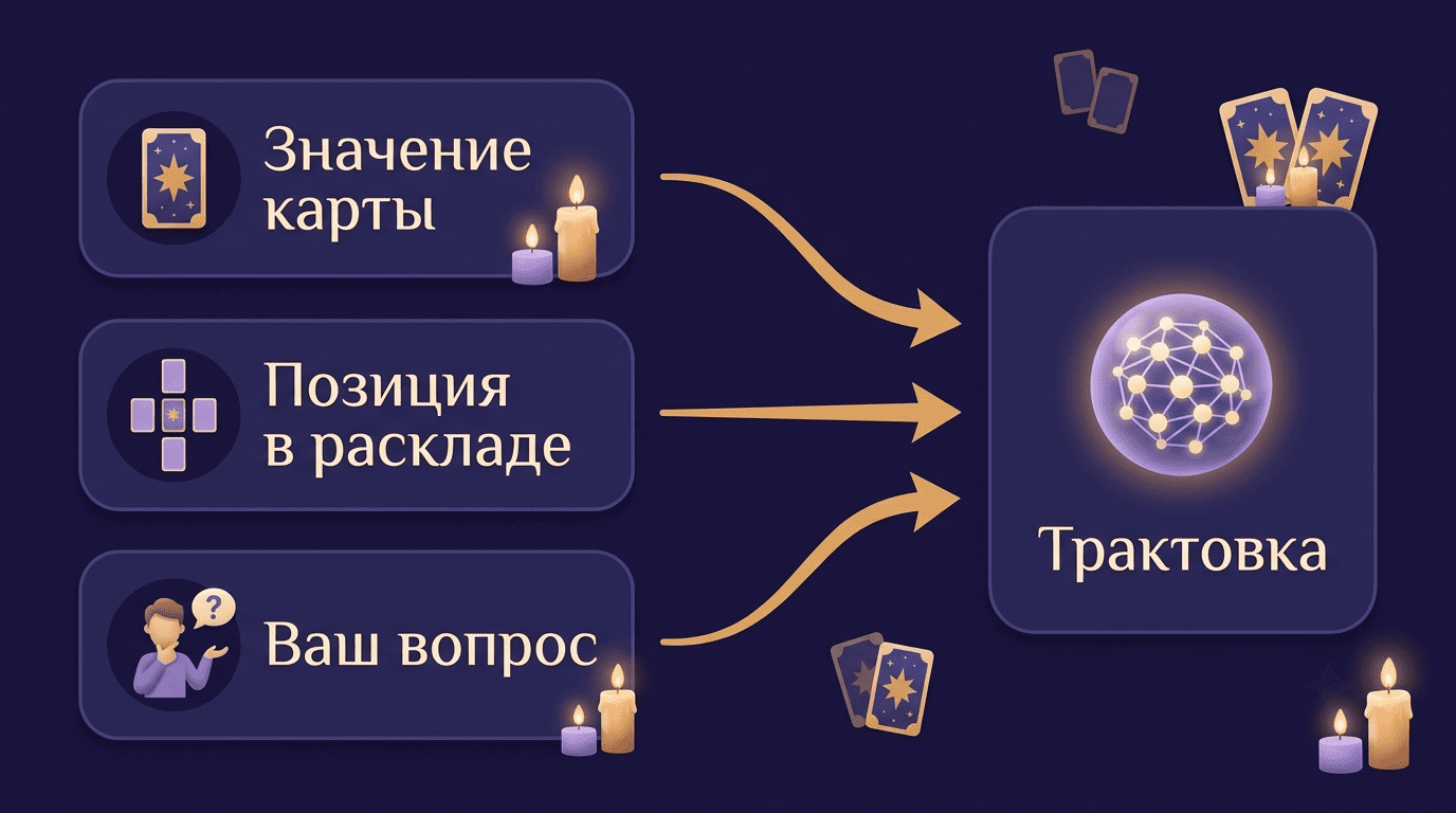 Как ИИ трактует карту: значение карты, позиция в раскладе и вопрос сходятся в единой трактовке