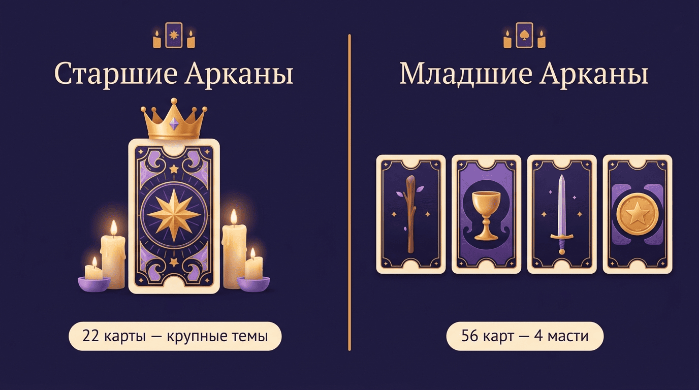 Сравнение Старших и Младших Арканов: 22 карты крупных тем против 56 карт четырёх мастей